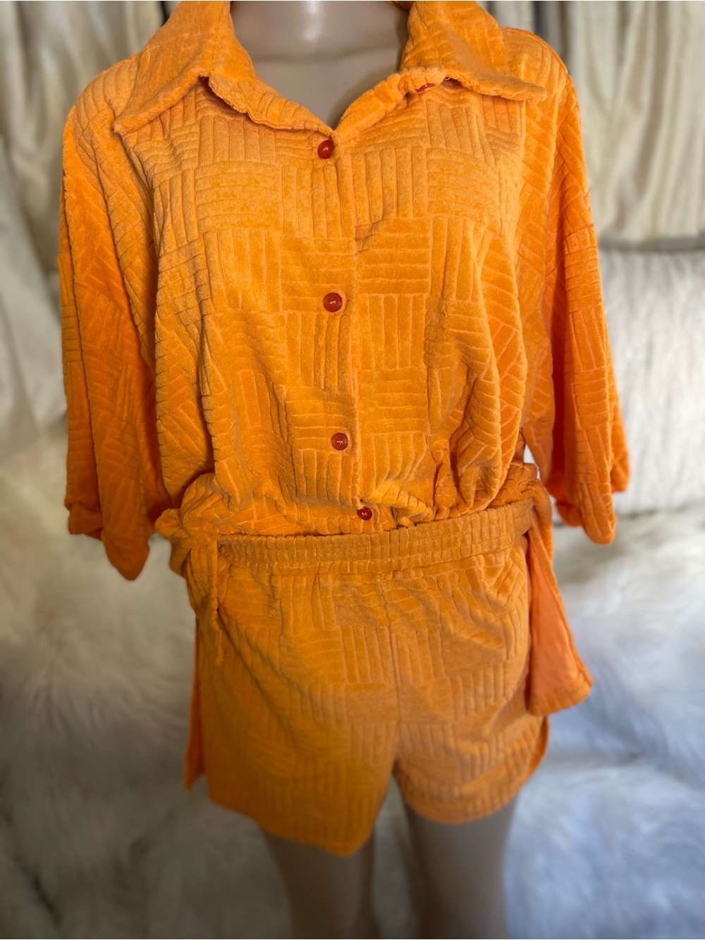 Fashion Nova Orange Quilted Button-Front Sleep Romper